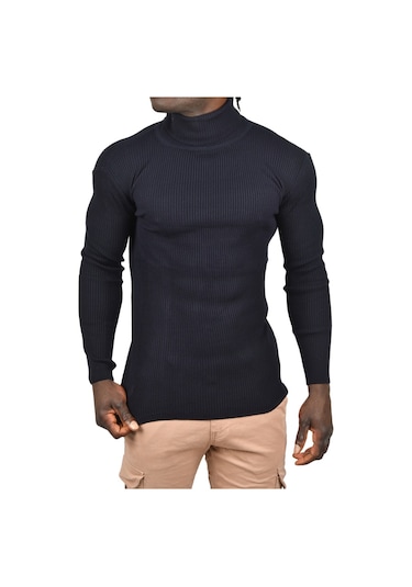 Deepsea Erkek Lacivert İnce Fitilli Tam Boğazlı Balıkçı Yaka Tüylenmeyen Triko Kazak 2505498 Lacivert