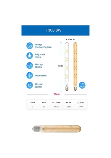 T300 Rustik Led Ampul 8w E27 Duy 2200k Amber Cam Vintage 30 Cm