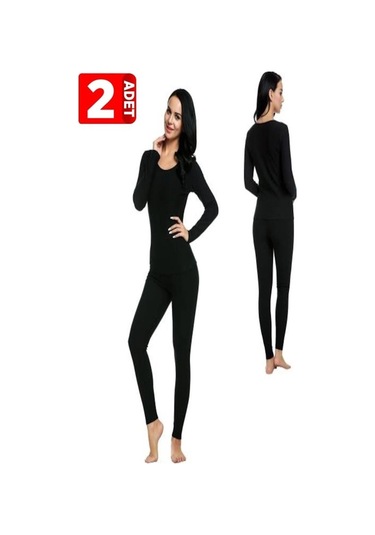 Kadın Siyah Büyük Beden Termal İçlik Takım 2'li Paket Siyah
