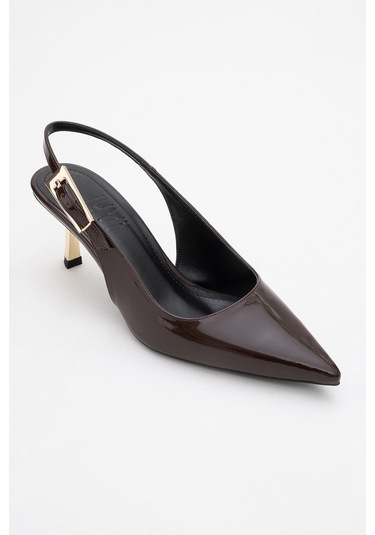Arty Kahverengi Rugan Sivri Burun Arkası Açık Kadın İnce Topuklu Ayakkabı Kahverengi