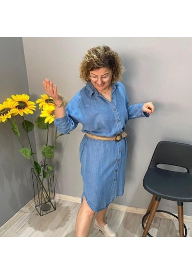Kısmet Sepeti Kadın Büyük Beden Jean Kumaş Mavi Gömlek Elbise Siyah