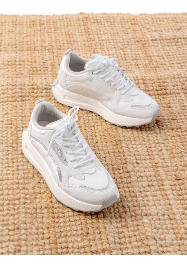 F-307 Beyaz Bağcıklı Saten Taş Aksesuarlı Günlük Spor Ayakkabı Beyaz