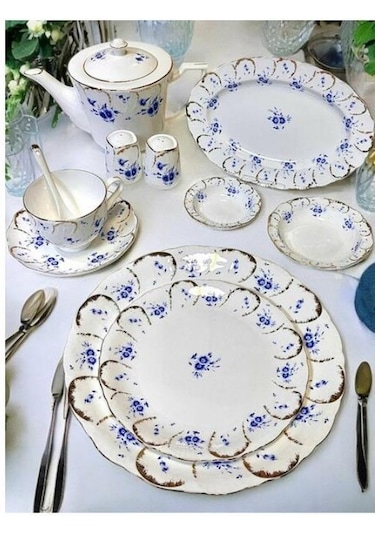 Royking Queen Blue 44 Parça Kahvaltı Takımı Desenli