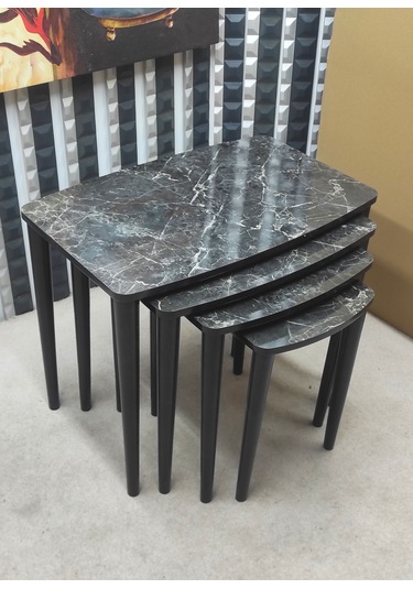 4 Lü Mdf Lam Ahşap Zigon Sehpa Siyah Mermer