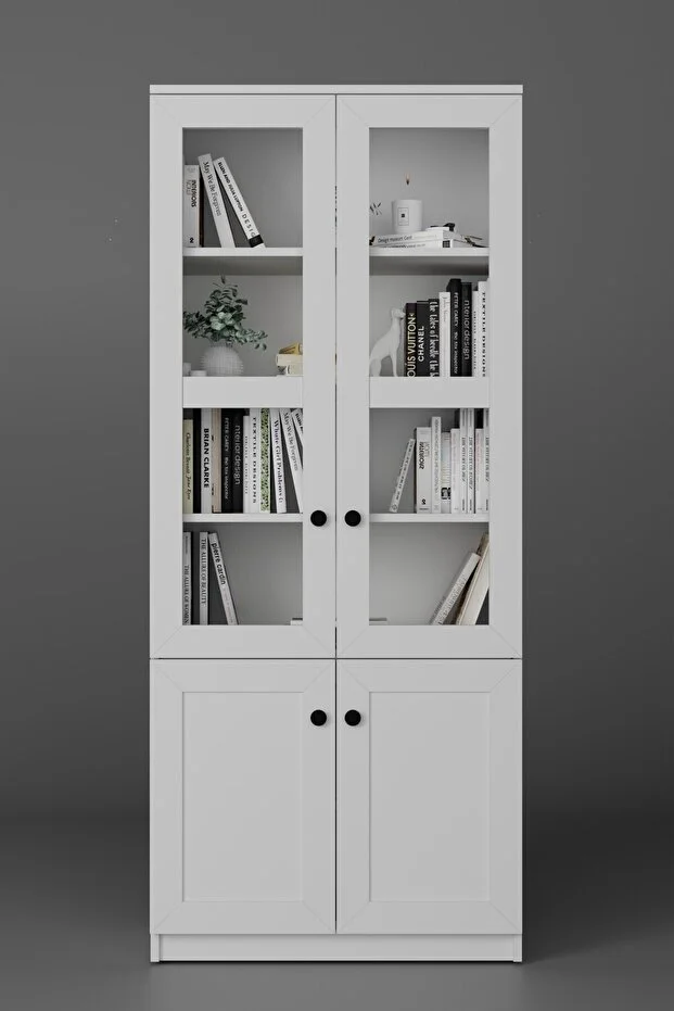 Lisa 4 Kapaklı Beyaz Vitrin - Kitaplık Ve Çok Amaçlı Dolap Beyaz