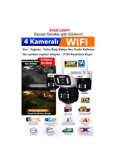 4 Kameralı - 360 Wıfı Güvenlik Kamerası Otomatik Kişi Takibi Ultra Renkli Gece Görüşü - Cepten İzle