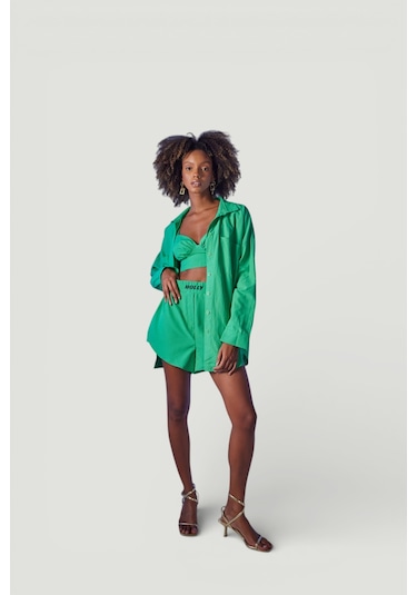 Holly Lolly Oversize Model Düğme Kapamalı Leti Gömlek Yeşil