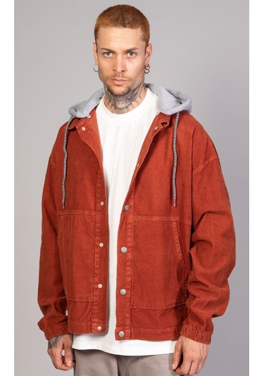 Erkek Kiremit Çıkarılabilir Kapüşonlu Oversize Pamuklu Kadife... Kiremit