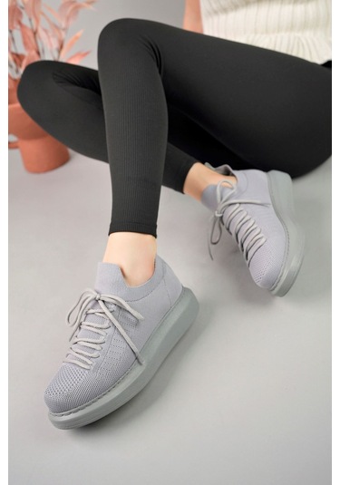 Pabucmarketi Bağcık Detaylı Triko Kumaş Erkek Spor Ayakkabı Antrasit Gri