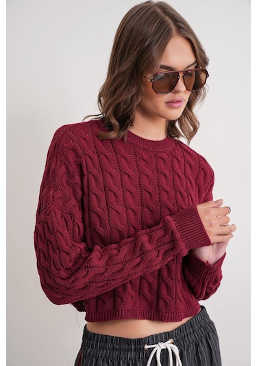 6863 Kadın Saç Örgülü Crop Triko Kazak Bordo Bordo