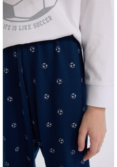 DeFacto Erkek Çocuk Pijama Takımı Bisiklet Yaka Baskılı Uzun Kollu Üst Desenli Alt D5215A824WNWT34