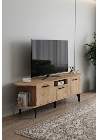 Tv Sehpası 160 Cm Modern 3 Kapaklı Tv Sehpa Çok Amaçlı Konsol Ünitesi Mira Bej
