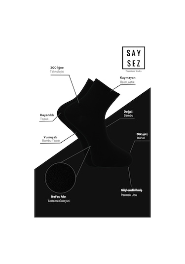 Saysez Bambu Erkek Yarım Konç Düz Çorap Dikişsiz Premium Kutu 5'li Siyah
