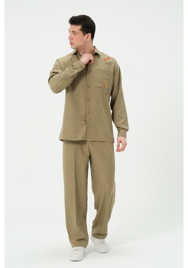 Erkek Yıkamalı Keten Bol Paça Pileli Yeni Sezon Pantolon haki