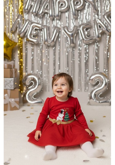 Kız Bebek Beli Fiyonk Detaylı Anvelop Yılbaşı Elbise Nbk-24923 Kırmızı