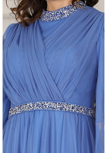 Senna Taş Detaylı Büyük Beden Şık Tesettür Abiye İndigo