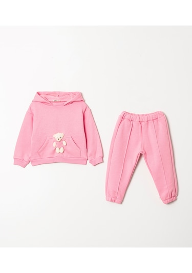 Kız Çocuk Ayıcık Oyuncaklı 3 İplik Şardonlu Kapşonlu Eşofman Takımı 001