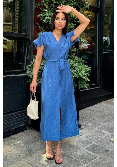İndigo V Yaka, Kısa Kol, Airobin Kumaş, Omuz Detaylı, Kemerli/kuşaklı, Önden Yırtmaçlı Maxi Elbise Indigo