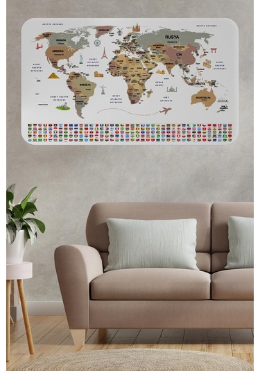 Türkçe Ülke Bayrak Lı Eğitici Başkent Detaylı Atlası Dünya Haritası Duvar Sticker -60x105-3862 - Renkli Çok Renkli