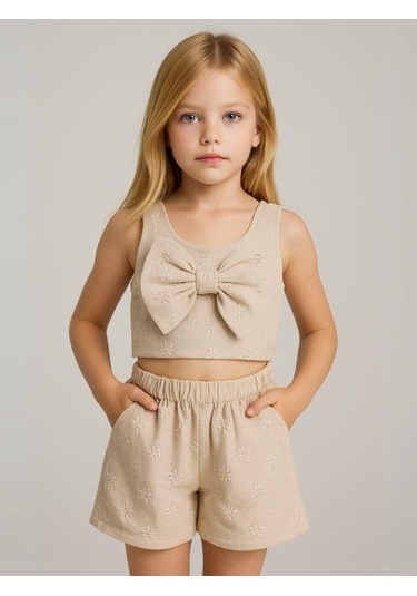 Kız Çocuk Crop Müslin Şortlu Takım-15972 Bej