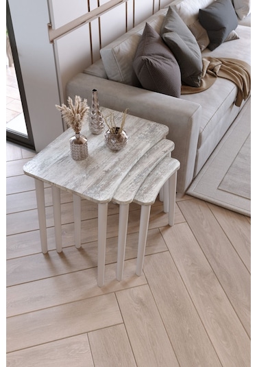 Zuesse Dizayn Beyza 3lü Zigon Sehpa & Yan Sehpa Beyaz Ahşap Ayaklı Salon Seti Çay Sehpası - Kristal