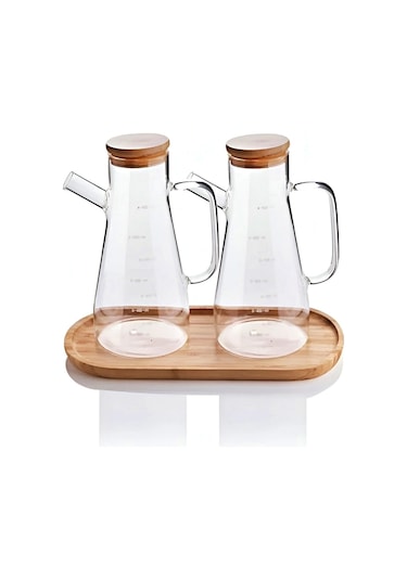 Bambu Kapaklı Cam Yağdanlık Vakumlu Ahşap Stantlı Sirkelik Zeytinyağı Şişesi Yağlık 900 Ml 3'lü Set
