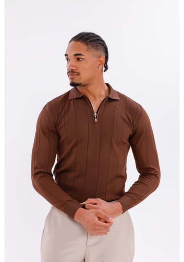 Monox Erkek Yarım Fermuarlı Polo Yaka Triko Kazak Kahverengi