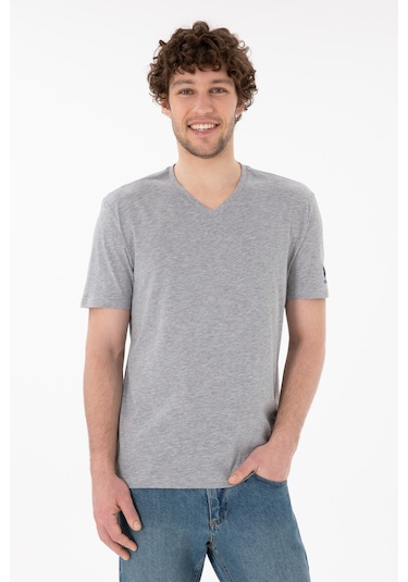 U.S. Polo Assn. Erkek Regular Fit  V Yaka Gri Melanj Basic Tişört 50305858-VR086