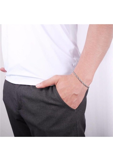 Ince Burgulu Erkek Çelik Bileklik Gümüş Renk Çok Renkli