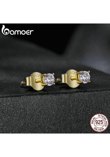 Altın Bamoer 925 Ayar Gümüş Basit Yuvarlak Mozanit Saplama Küpe Kadınlar İçin Klasik Nişan Düğün Güzel Takı Hediye Mse038-b