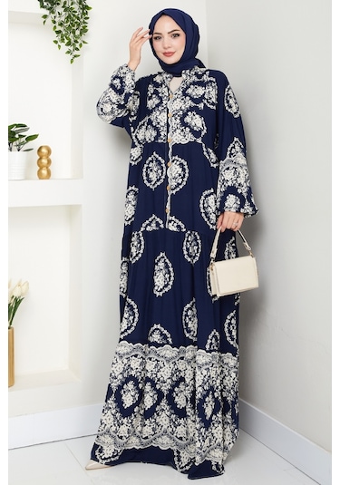 Giral Dokuma Viskon Elbise 1543 - Lacivert Lacivert