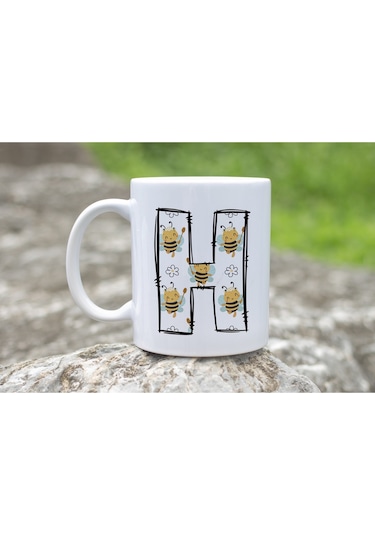 H Harfi Arı Desenli Kupa - Sevimli Hayvan Temalı Kişiye Özel Kahve Kupası - Şans Kupası Beyaz