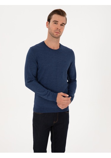 Cacharel İndigo Slim Fit Yün Karışımlı Bisiklet Yaka Basic Triko Kazak Mavi