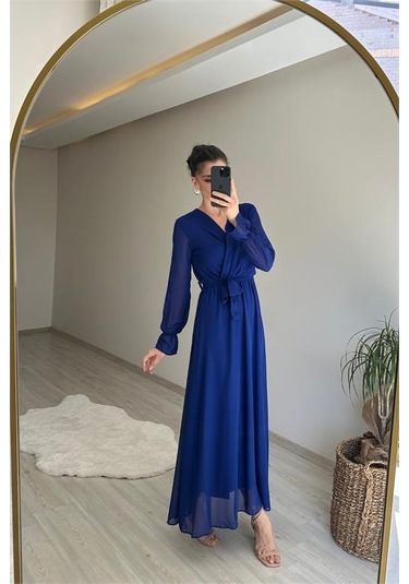 Neşeli Butik Kadın Uzun Kollu Kuşaklı Maxi Şifon Elbise Nm001 Saks
