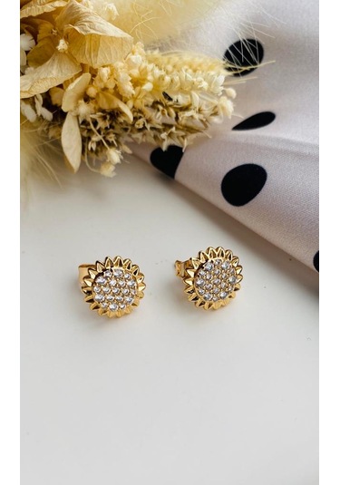Lekka Design Zirkon Taşlı Kadın Papatya Küpe Altın