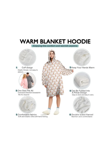 Noel Temalı Unisex Giyilebilir Battaniye Hoodie, Kalın Peluş, Kollar Ve Büyük Cep-a155 Bej