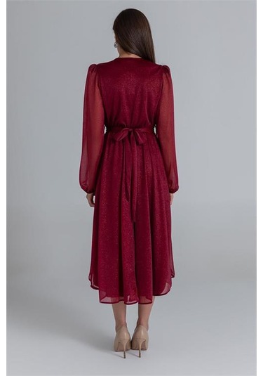 Dipmoda Kadın Kemerli Kruvaze Yaka Simli Gece Elbisesi Dpnbmy3590 Bordo