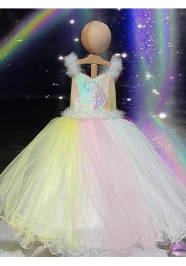 Kız Çocuk Unicorn Etekleri Gökkuşağı Tarlantanlı Abiye Elbise-15466 Çok Renkli