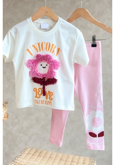 Kız Çocuk 3d Papatya Çiçek Detaylı Pamuklu Taytlı Altüst Takım KREM