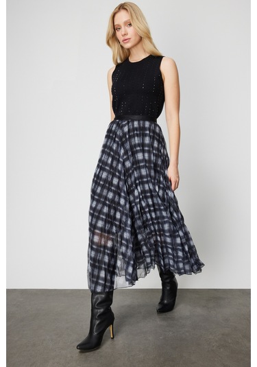 On Kadın Ekoseli Pileli Maxi Boy Etek 60214 Siyah Siyah
