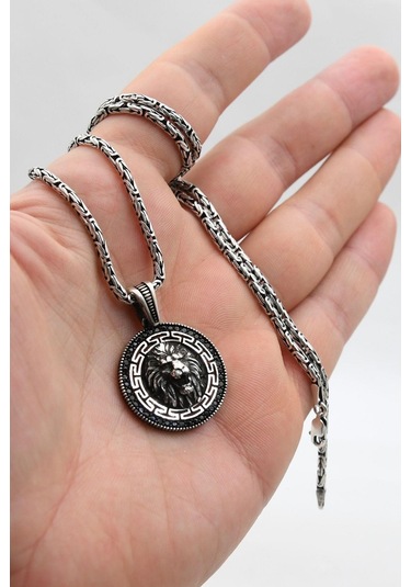 Grek Desenli Aslan Figürlü 925 Ayar Gümüş Kolye Kral Zincir 2mm 902422 Gümüş