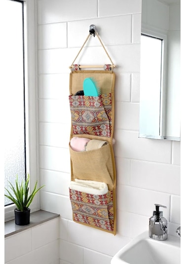 İronika 3 Lü Etnik Desenli Cepli Kapı Arkası Organize Makyaj Banyo Sabun Havlu Organizeri Kahverengi