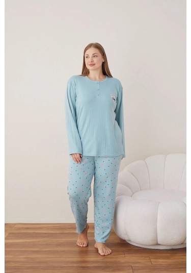 Lindros Kadın Pamuklu Düğme Yaka Raporlu İnterlok Battal Pijama Takımı 05108 - 1 Adet Yeşil