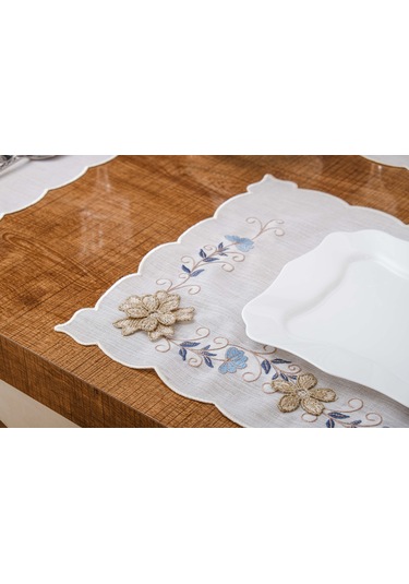 Finezza Linda Nakışlı Keten Efekt Kumaş Krem Mavi A.Servis 33x45 cm 4 Ad.-1400 Krem