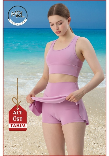 Kadın Alt-üst Takım Şort & Sabit Pedli Üst Crop Denizde Havuzda Sporda Swimsuit Lila Rengi Takım3107 Lila