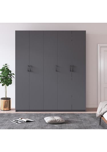 %100 Mdflam 5 Kapaklı 150cm Gardrop G-09 Koyu Gri