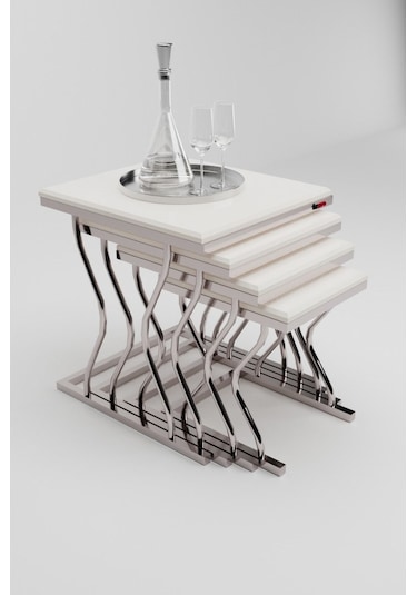 Arden Elite 4'lü Kare Zigon Sehpa Seti Gümüş Krom Ayak, Krem Mdf Beyaz