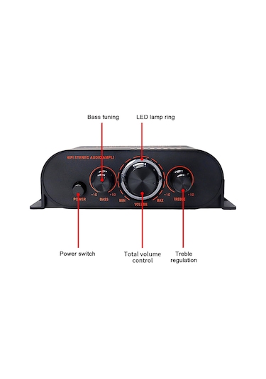 Jeemson 12v Metalik Oto Ve Ev Amfi 100w, 2.0 Stereo, Alçak/yüksek Ton + Toplam Ses Regülatörü, Led Işık Çemberi