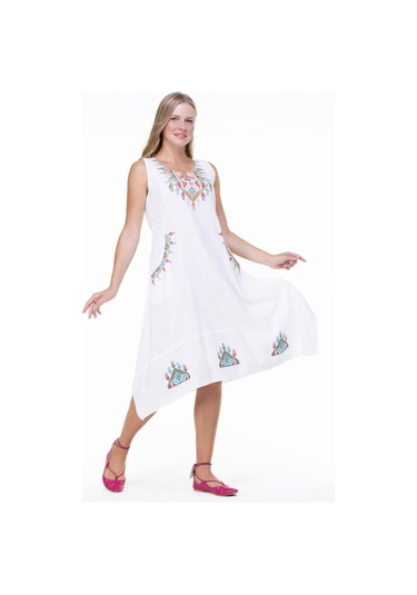 Kolsuz Şile Bezi Antik Nakışlı Midi Boy Elbise Beyaz Byz-beyaz
