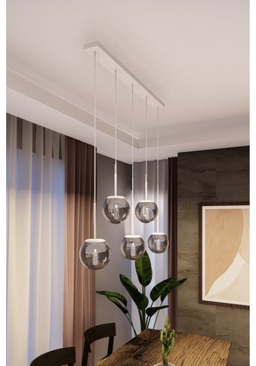 Dora Beyaz Metal Gövdeli 5'li Füme Cam Avize - Modern Sıralı Sark 1 ADET